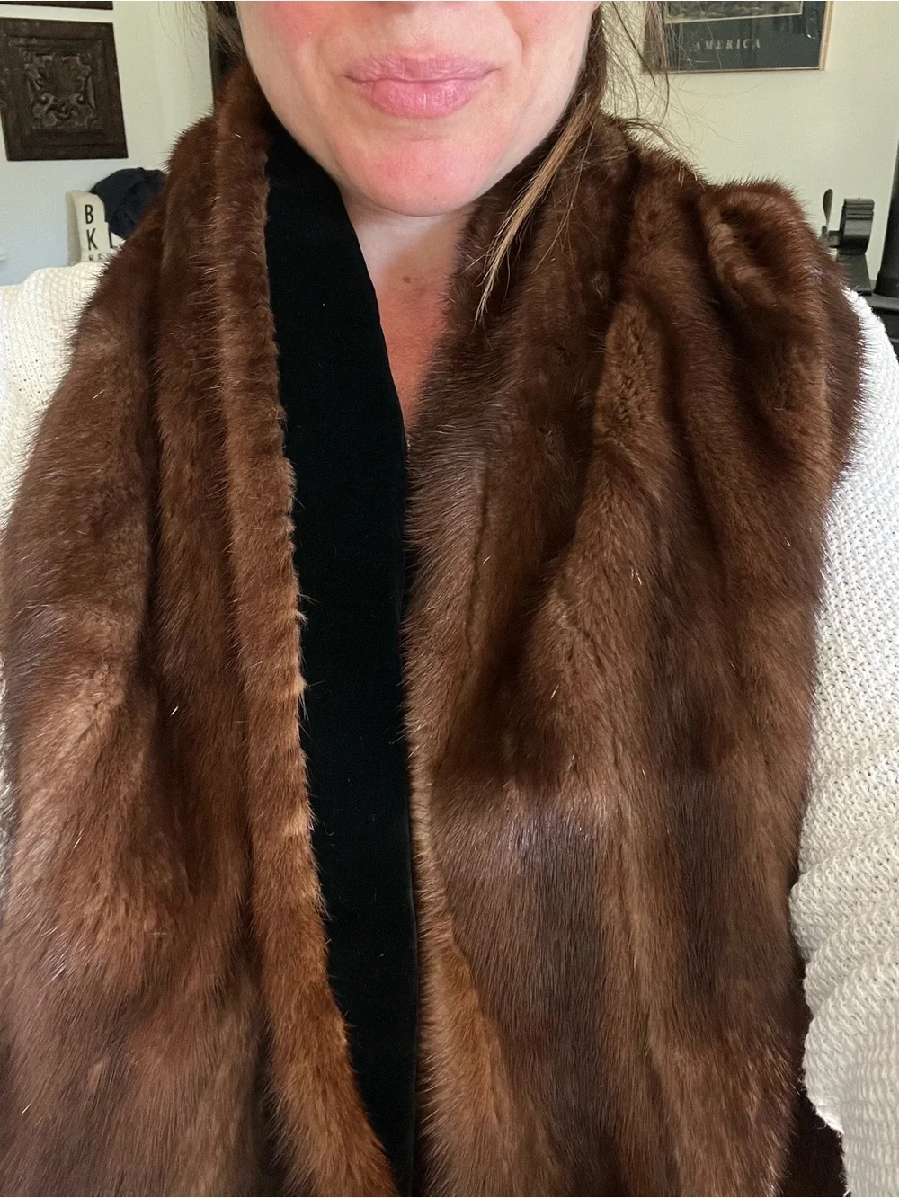 Luxurious Brown real Fur shawl scarf - velvet lining luxury